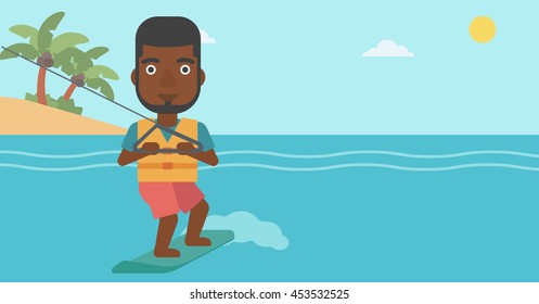 An african-american sportsman wakeboarding on the sea. Wakeboarder making tricks. Man studying wakeboarding. Man riding wakeboard. Vector flat design illustration. Horizontal layout.