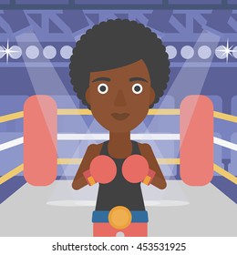 An african-american sportswoman in boxing gloves. Professional female boxer standing in the boxing ring. Vector flat design illustration. Square layout.