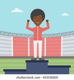 An african-american sportswoman celebrating on the winners podium. Sportswoman standing on the first place on the winners podium with raised hands. Vector flat design illustration. Square layout.