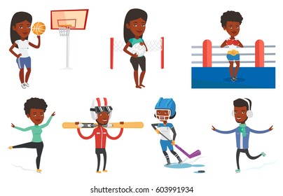 African-american sportswoman ice skating. Young woman ice skating. Cheerful woman at skating rink. Figure skater posing on skates. Set of vector flat design illustrations isolated on white background.