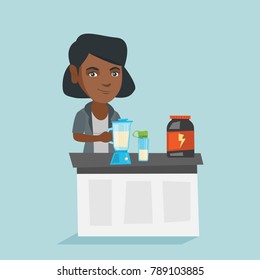 African-american sportswoman making a protein shake using a blender. Young sportswoman preparing a protein cocktail from bodybuilding food supplements. Vector cartoon illustration. Square layout.