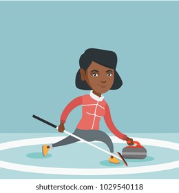 African-american sportswoman playing curling on a skating rink with stone and broom. Young curling player sliding on the ice and delivering a stone. Vector cartoon illustration. Square layout.