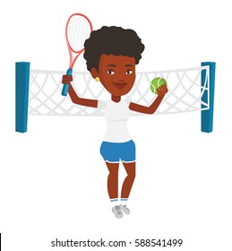 African-american sportswoman playing tennis. Smiling tennis player standing on the court. Happy tennis player holding a racket and a ball. Vector flat design illustration isolated on white background.