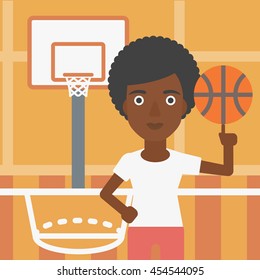 An african-american sportswoman spinning basketball ball on her finger. Young basketball player standing on the basketball court. Vector flat design illustration. Square layout.