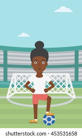 An african-american sportswoman standing with football ball on the football stadium. Professional football player with a soccer ball on the field. Vector flat design illustration. Vertical layout.