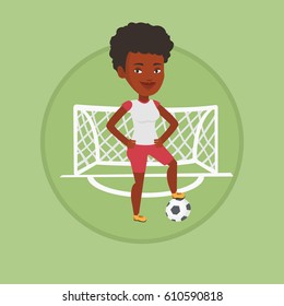 African-american sportswoman standing with football ball on the stadium. Football player standing with a soccer ball on the field. Vector flat design illustration in the circle isolated on background.