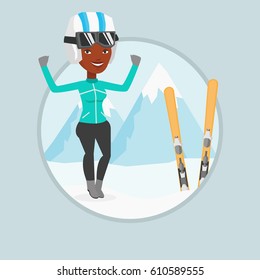 African-american sportswoman standing with skis on the background of mountains. Young woman skiing. Skier resting in the mountains. Vector flat design illustration in the circle isolated on background