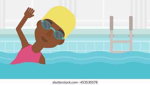 An african-american sportswoman wearing cap and glasses swimming in pool. Professional female swimmer in swimming pool. Vector flat design illustration. Horizontal layout.