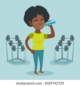 African-american sporty woman drinking water in the gym. Young woman standing with a bottle of water in the gym. Sportswoman drinking water from the bottle. Vector cartoon illustration. Square layout