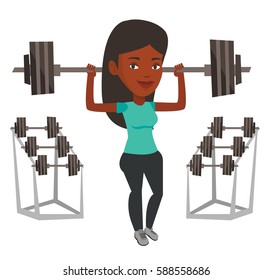 African-american sporty woman lifting a heavy weight barbell. Woman doing exercise with barbell. Weightlifter holding a barbell in the gym. Vector flat design illustration isolated on white background