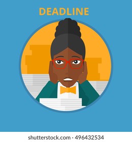 African-american stressed business woman sitting at the table with stacks of papers. Business woman having problem with deadline. Vector flat design illustration in the circle isolated on background.