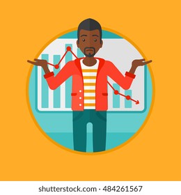 African-american stressed businessman with spread arms standing on a background of decreasing chart. Business bankruptcy concept. Vector flat design illustration in the circle isolated on background.