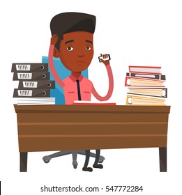 African-american stressed office worker sitting at workplace. Overworked office worker feeling stress from work. Stress at work concept. Vector flat design illustration isolated on white background.