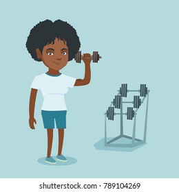 African-american strong sportswoman doing exercise with a dumbbell. Young woman lifting a heavy weight dumbbell. Weightlifter holding a dumbbell in the gym. Vector cartoon illustration. Square layout.