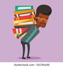 An african-american student carrying a heavy pile of books on her back. Student walking with huge stack of books. Student preparing for exam with books. Vector flat design illustration. Square layout.