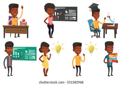 African-american student pointing finger at the idea bulb. Excited student with bright idea bulb. Student having a great idea. Set of vector flat design illustrations isolated on white background.