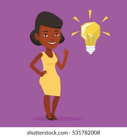 An african-american student pointing her finger up at the idea bulb. Young excited female student with bright idea bulb. Student having a great idea. Vector flat design illustration. Square layout.