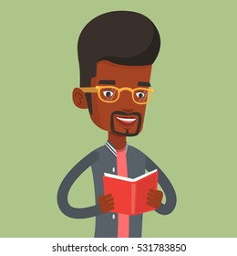 African-american student reading a book. Cheerful student reading a book and preparing for exam. Student holding a book in hands. Concept of education. Vector flat design illustration. Square layout.
