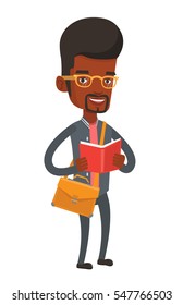 African-american student reading a book. Cheerful male student reading a book and preparing for exam. Student standing with book in hands. Vector flat design illustration isolated on white background