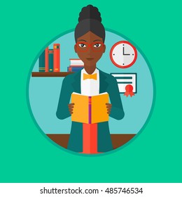 African-american student reading a book. Student reading book and preparing for exam. Student studying at home. Education concept. Vector flat design illustration in the circle isolated on background.
