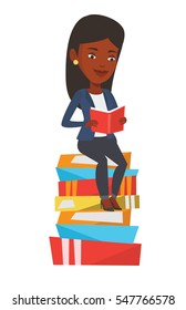 African-american student sitting on huge pile of books. Student reading book. Smiling woman sitting on stack of books with book in hands. Vector flat design illustration isolated on white background