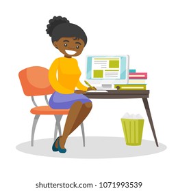 African-american student sitting at the table with a computer and writing an essay. Student using a computer for education. Educational technology concept. Vector cartoon illustration. Square layout.