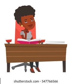 African-american student sitting at the table and thinking. Thinking student writing in exercise book. Thinking student doing homework. Vector flat design illustration isolated on white background.