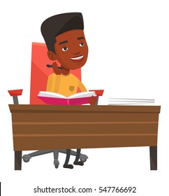 African-american student sitting at the table and thinking. Thinking student writing in exercise book. Thinking student doing homework. Vector flat design illustration isolated on white background.