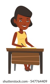 African-american student sitting at the table and writing. Young smiling student writing in exercise book. Happy student doing homework. Vector flat design illustration isolated on white background.