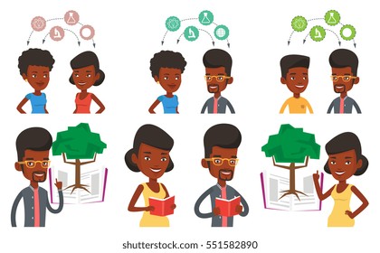 African-american student standing on the background of tree growing from open book. Cheerful student pointing at tree of knowledge. Set of vector flat design illustrations isolated on white background