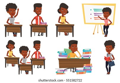 African-american student studying hard before the exam. Young student studying with textbooks. Student studying in the library. Set of vector flat design illustrations isolated on white background.