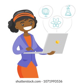 African-american student working on a laptop computer connected with icons of school sciences. Education and elearning concept. Vector cartoon illustration isolated on white background. Square layout.