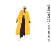 African-american stylish woman dressed in yellow trench coat. Fashionable casual outfit. Flat cartoon colorful vector illustration.