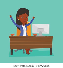 African-american successful business woman celebrating at workplace. Successful businesswoman celebrating business success. Successful business concept. Vector flat design illustration. Square layout.