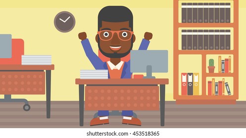 An african-american successful businessman celebrating with arms up while sitting at the table in office. Successful business concept. Vector flat design illustration. Horizontal layout.