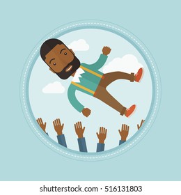 African-american successful businessman get thrown into the air by coworkers during celebration. Celebration of business success. Vector flat design illustration in the circle isolated on background.