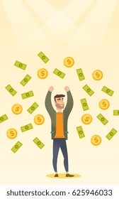 African-american successful businessman standing with raised hands under money rain. Excited businessman enjoying a rain of money. Vector flat design illustration. Vertical layout.