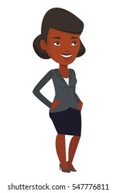 African-american successful businessman. Young successful businessman standing with hands in pockets. Concept of successful business. Vector flat design illustration isolated on white background.