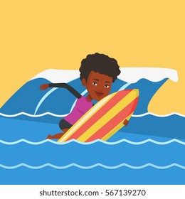 African-american surfer having fun during execution of a move on a blue ocean wave. Surfer in action on a surf board. Lifestyle and water sport concept. Vector flat design illustration. Square layout.