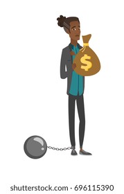 African-american taxpayer holding bag with dollar sign. Captive taxpayer holding bag with taxes. Concept of tax time and taxpayer. Vector flat design cartoon illustration isolated on white background.