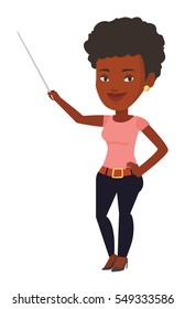 African-american teacher standing with a pointer. Young smiling teacher with pointer. Student standing with a pointer. Vector flat design illustration isolated on white background.