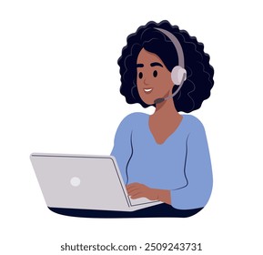 African-American technical support operator with headset working at computer. Customer service. Vector illustration in flat style