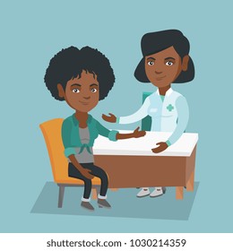 African-american therapist doctor consulting a patient in the office. Therapist doctor talking to a young female patient about her state of health. Vector cartoon illustration. Square layout.