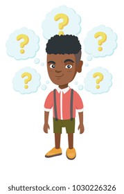 African-american thinking boy with question marks. Thoughtful little boy standing under question marks above his head. Vector sketch cartoon illustration isolated on white background.