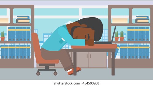 An african-american tired businessman sleeping on laptop keyboard in the office. Businessman resting at workplace. Vector flat design illustration. Horizontal layout.