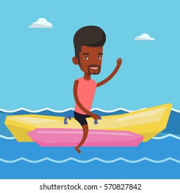 African-american tourist riding a banana boat and waving hand. Young man having fun on banana boat in the sea. Smiling man enjoying ride on banana boat. Vector flat design illustration. Square layout.