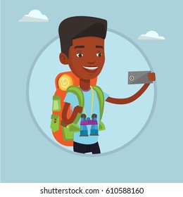 African-american tourist taking selfie. Tourist with backpack and binoculars taking selfie with cellphone. Tourist taking selfie. Vector flat design illustration in the circle isolated on background.