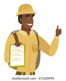 African-american traveler holding clipboard and giving thumb up. Young traveler showing clipboard and giving thumb up. Vector flat design illustration isolated on white background.