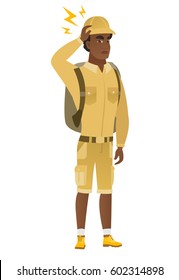 African-american traveler with lightning over head. Full length of traveler with lightning. Confident traveler standing under lightning. Vector flat design illustration isolated on white background.