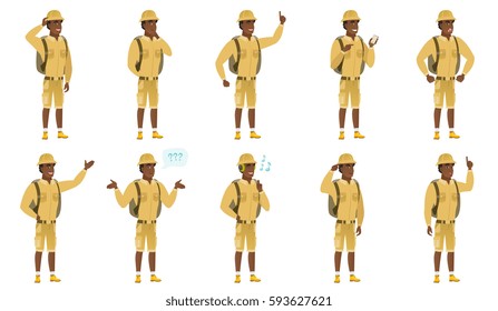 African-american traveler showing a direction. Full length of traveler pointing at something and showing a direction by his hand. Set of vector flat design illustrations isolated on white background.